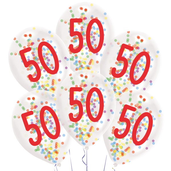 Balónky latexové transparentní s konfetami "50" 27,5 cm 6 ks