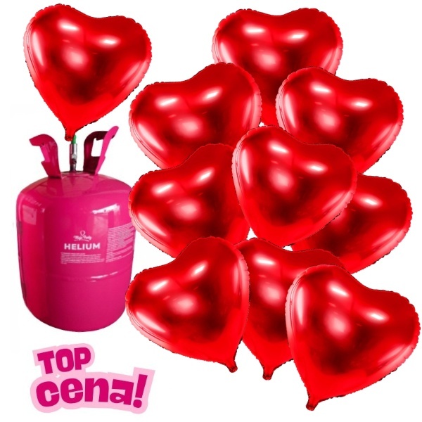 Helium s balonky srdce 10 ks - červené