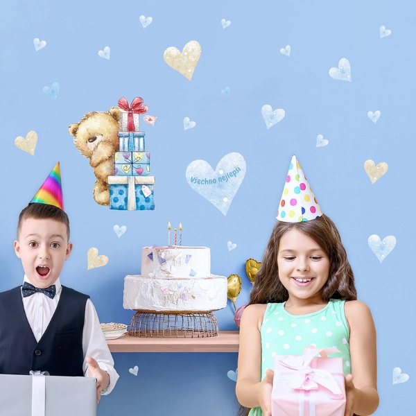 Nálepka na fotozeď Medvídek modrá Krásné narozeniny 45x65 cm