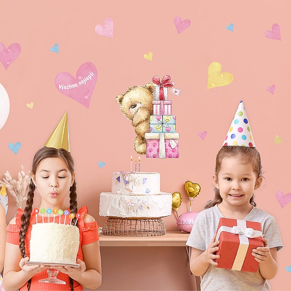 Nálepka na fotozeď Medvídek růžový Krásné narozeniny 45x65 cm