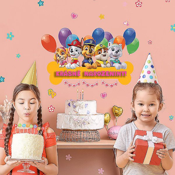 Nálepky na fotozeď Paw Patrol Krásné narozeniny s balónky 45x65cm