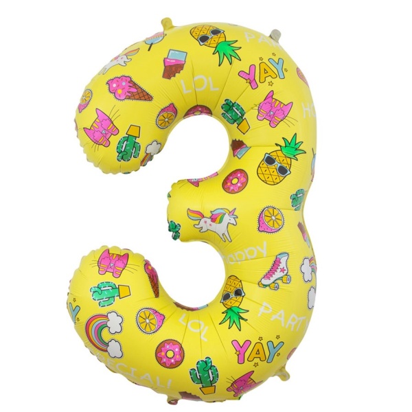 BALÓNEK fóliový číslo 3 žlutý s obrázky 78cm
