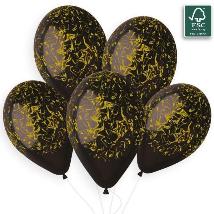 Balónek latexový černý se zlatým mramorem 33cm 1ks