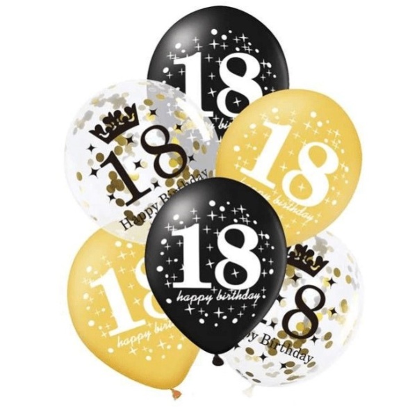 Balónky latexové 18. narozeniny černá/zlatá mix 30 cm 6 ks