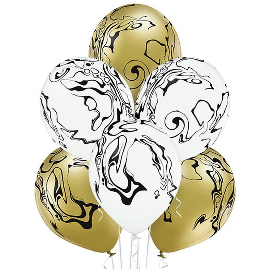 Balónky latexové černý mramor bílo zlatý 30 cm 6 ks