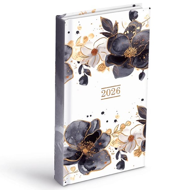 Diář 2026 bílý s černými květy