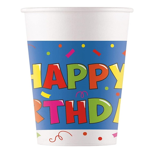 Kelímky papírové Happy Birhtday 200 ml 8 ks