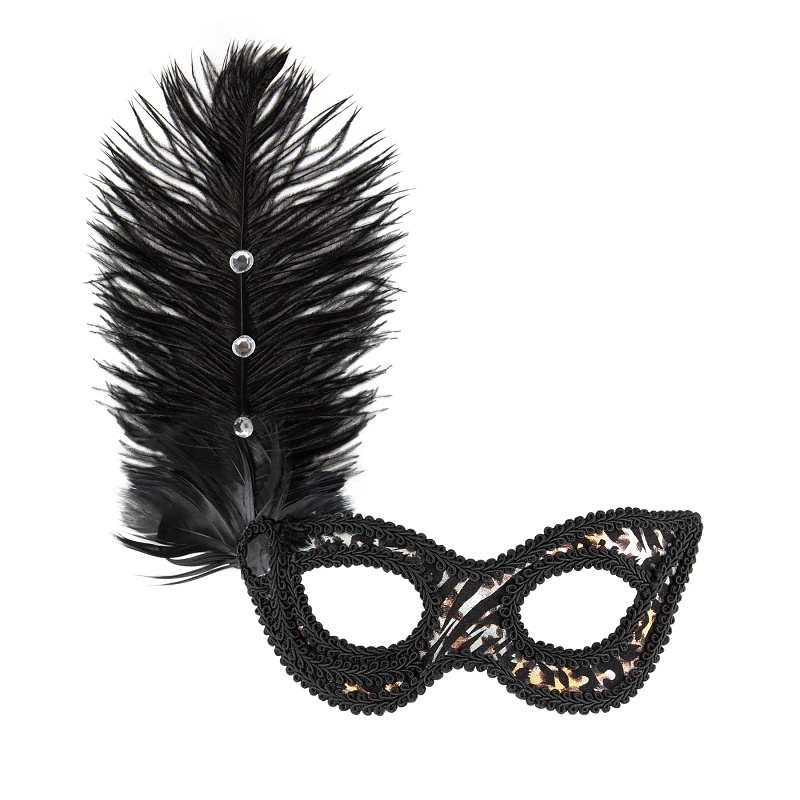 Maska karnevalová černá leopardí s peřím