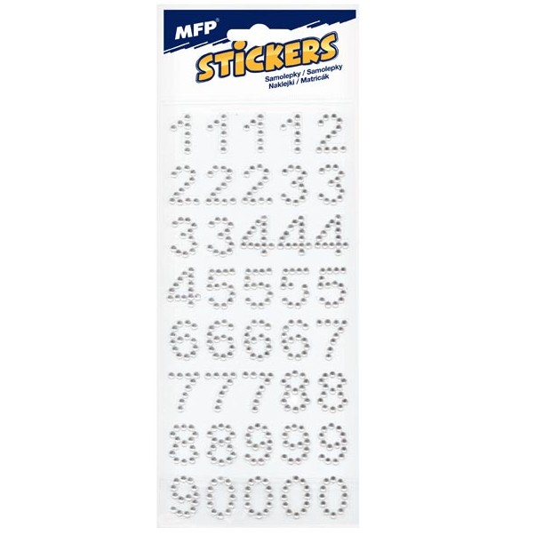 Samolepky kamínky číslice stříbrné 40 ks