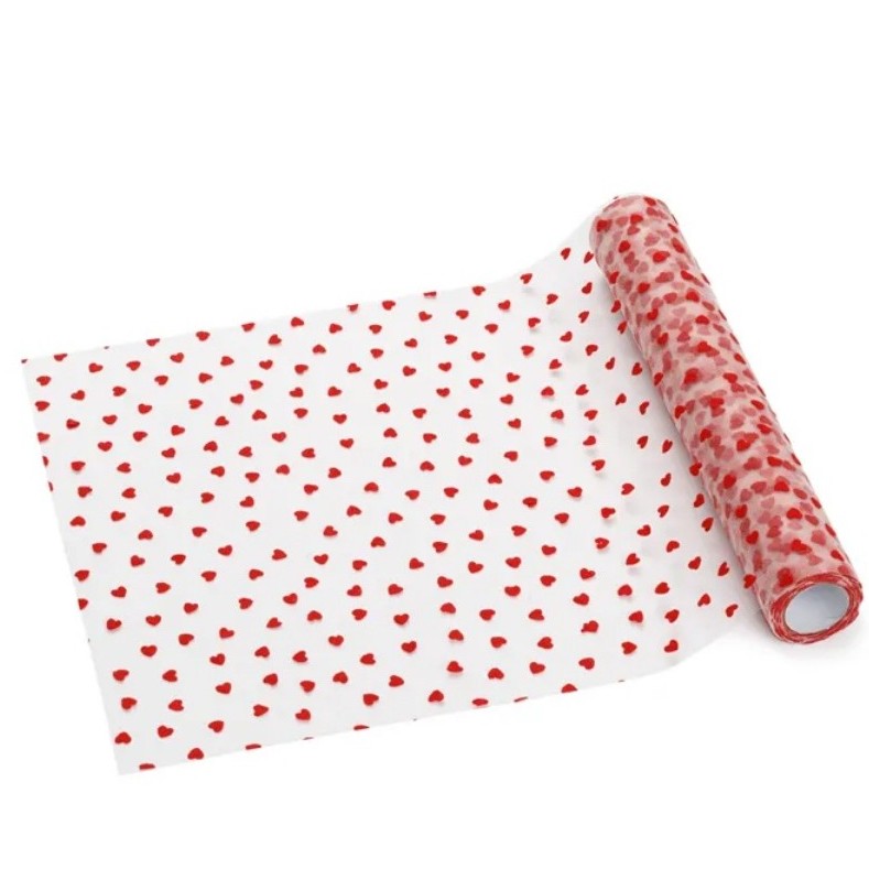 Šerpa tylová na stůl se srdíčky, červená, 0,36 x 9 m