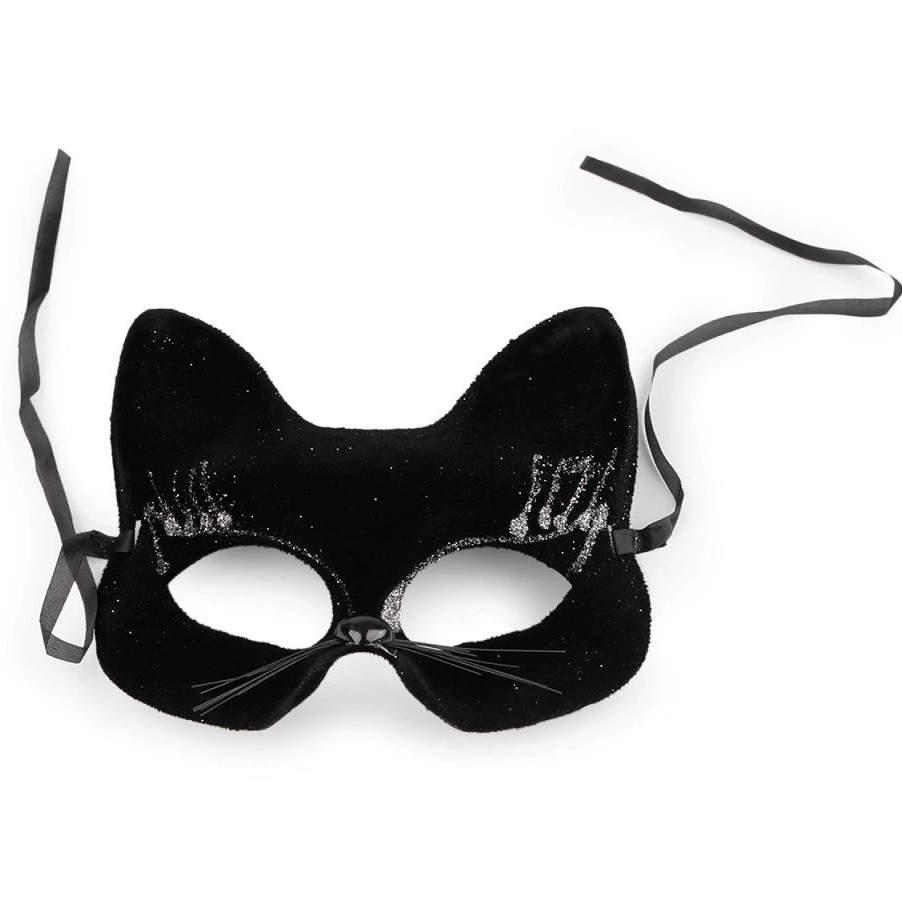 Škraboška Kočka sametová s glitry černo-stříbrná