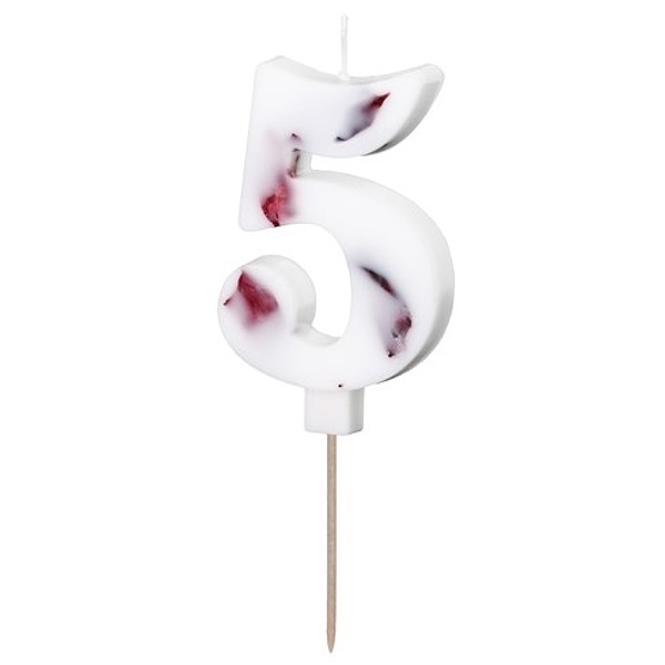 Svíčka číslice 5 bílá s okvětními lístky 8 cm