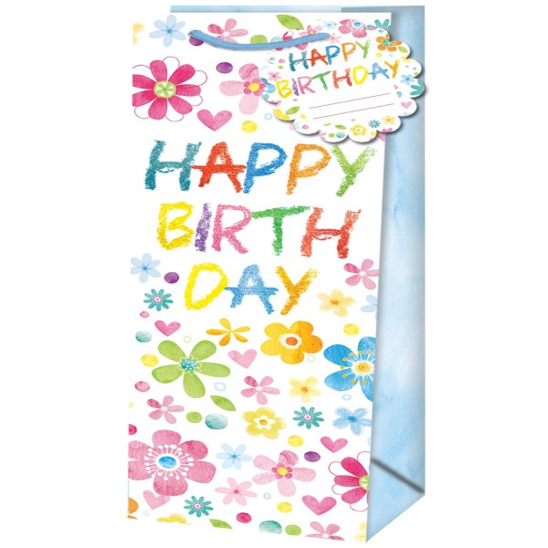 Taška dárková na láhev pastelová Happy Birthday 12,6x8,9x36 cm