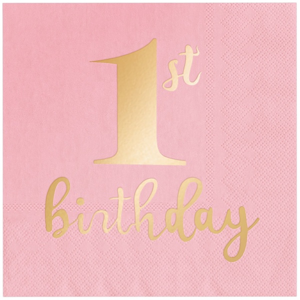 Ubrousky papírové růžové 1. narozeniny 33x33 cm 10 ks