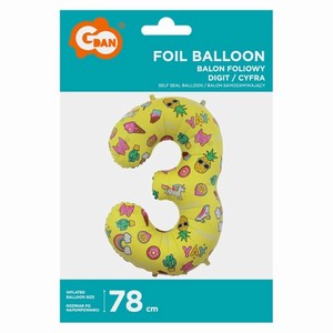BALÓNEK fóliový číslo 3 žlutý s obrázky 78cm