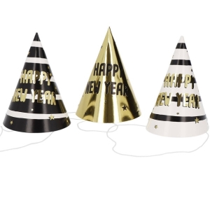 Čepičky papírové Happy New Year černo-zlaté 6 ks