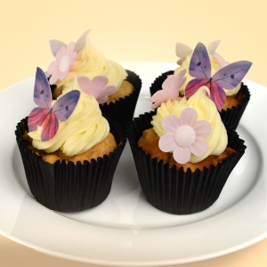 Dekorace na dort z jedlého papíru Květy 5 ks a motýli 4 ks Lila