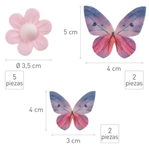 Dekorace na dort z jedlého papíru Květy 5 ks a motýli 4 ks Lila