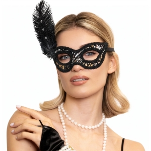 Maska karnevalová černá leopardí s peřím