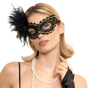 Maska karnevalová černo-zlatá s peřím