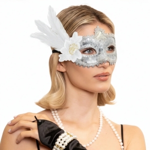 Maska karnevalová stříbrná s peřím