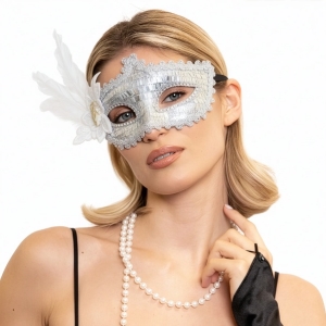 Maska karnevalová stříbrná s peřím