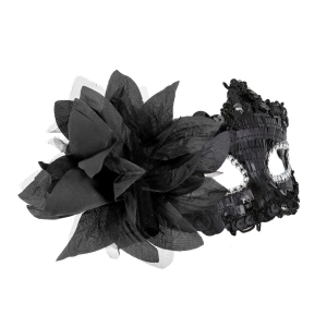 Škraboška černá s flitry a květinou