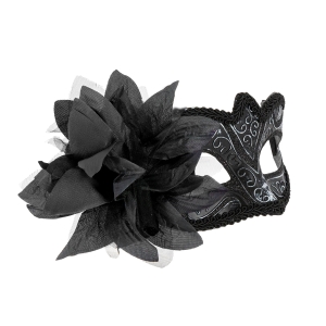 Škraboška karnevalová černá s květinou