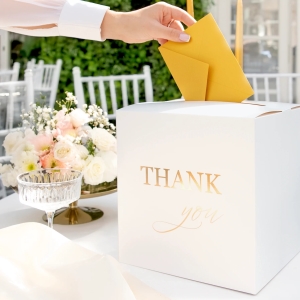Svatební box na přání "Thank you" bílá a zlatá 24 x 24 x 24 cm