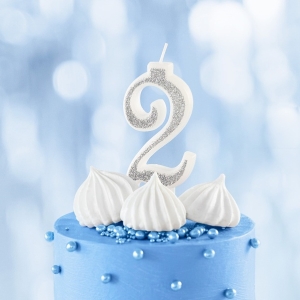 Svíčka narozeninová číslo "2" třpytivá stříbrná 7 cm