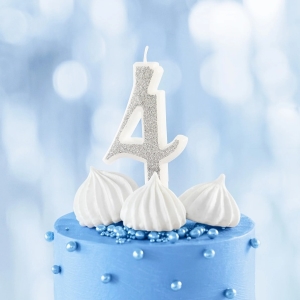 Svíčka narozeninová číslo "4" třpytivá stříbrná 7 cm