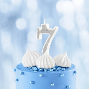 Svíčka narozeninová číslo "7" třpytivá stříbrná 7 cm