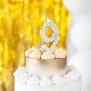 Svíčka narozeninová číslo "9" třpytivá stříbrná 13 cm