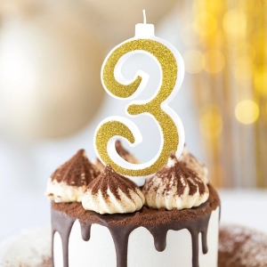 Svíčka narozeninová číslo "3" třpytivá zlatá 13 cm