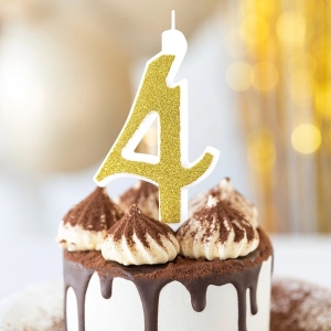 Svíčka narozeninová číslo "4" třpytivá zlatá 13 cm