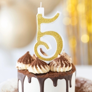 Svíčka narozeninová číslo "5" třpytivá zlatá 13 cm