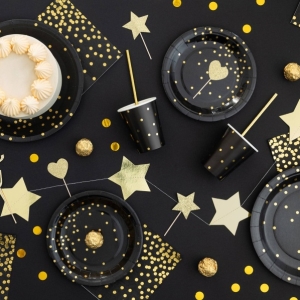 Talíře papírové černé se zlatými puntíky 23 cm 6 ks