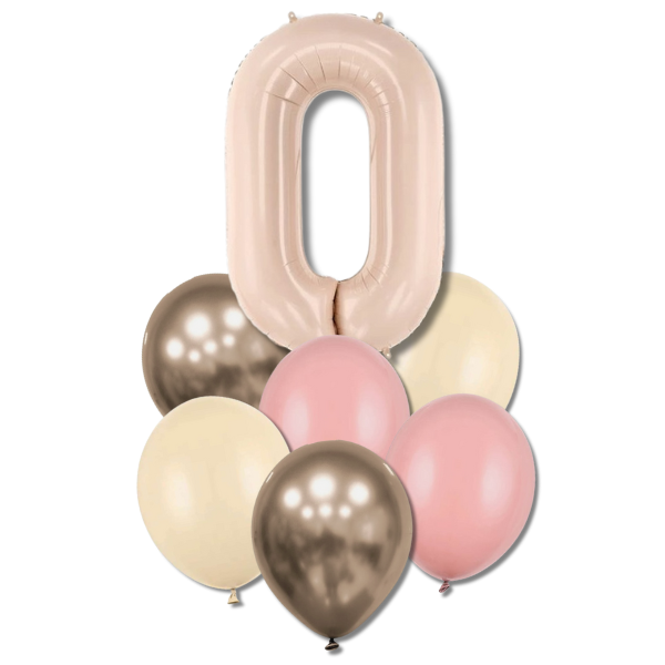 Balónkový buket s číslicí 0 - (tm.béžová, zaprášená růže,alabastr,prosecco chrom.)