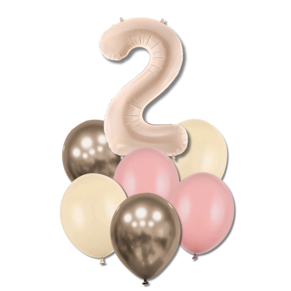 Balónkový buket s číslicí 2 - (tm.béžová, zaprášená růže,alabastr,prosecco chrom.)