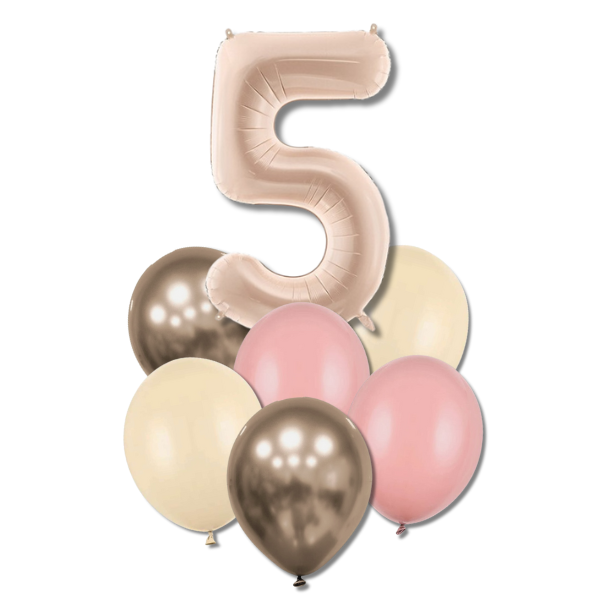 Balónkový buket s číslicí 5 - (tm.béžová, zaprášená růže,alabastr,prosecco chrom.)