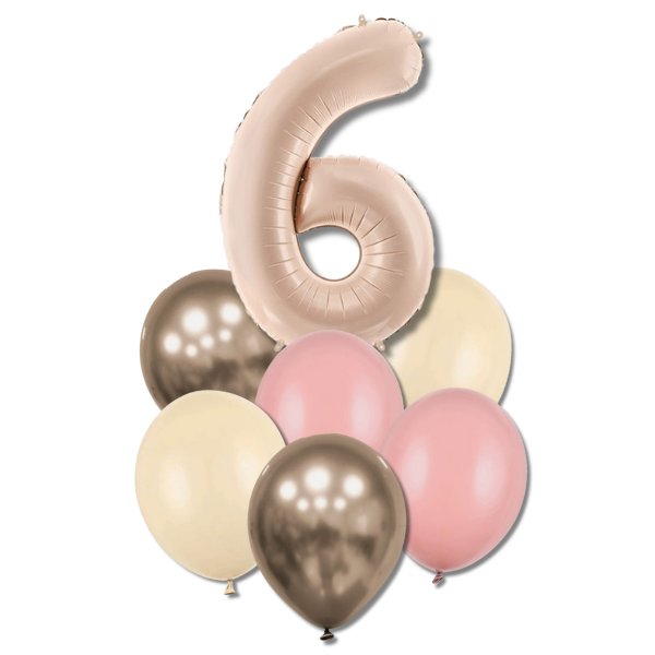 Balónkový buket s číslicí 6 - (tm.béžová, zaprášená růže,alabastr,prosecco chrom.)