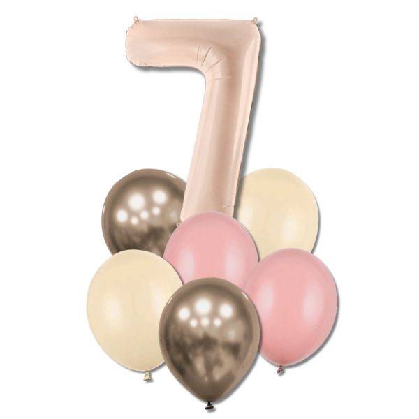 Balónkový buket s číslicí 7 - (tm.béžová, zaprášená růže,alabastr,prosecco chrom.)
