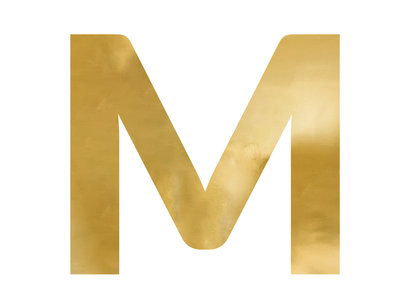 Zrcadlové písmeno \'\'M\'\', zlaté, 68x60 cm